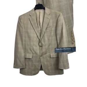 Perry Ellis Portfolio Men's 42S‎ Sport Coat Two Button 100% Wool Beige Plaid